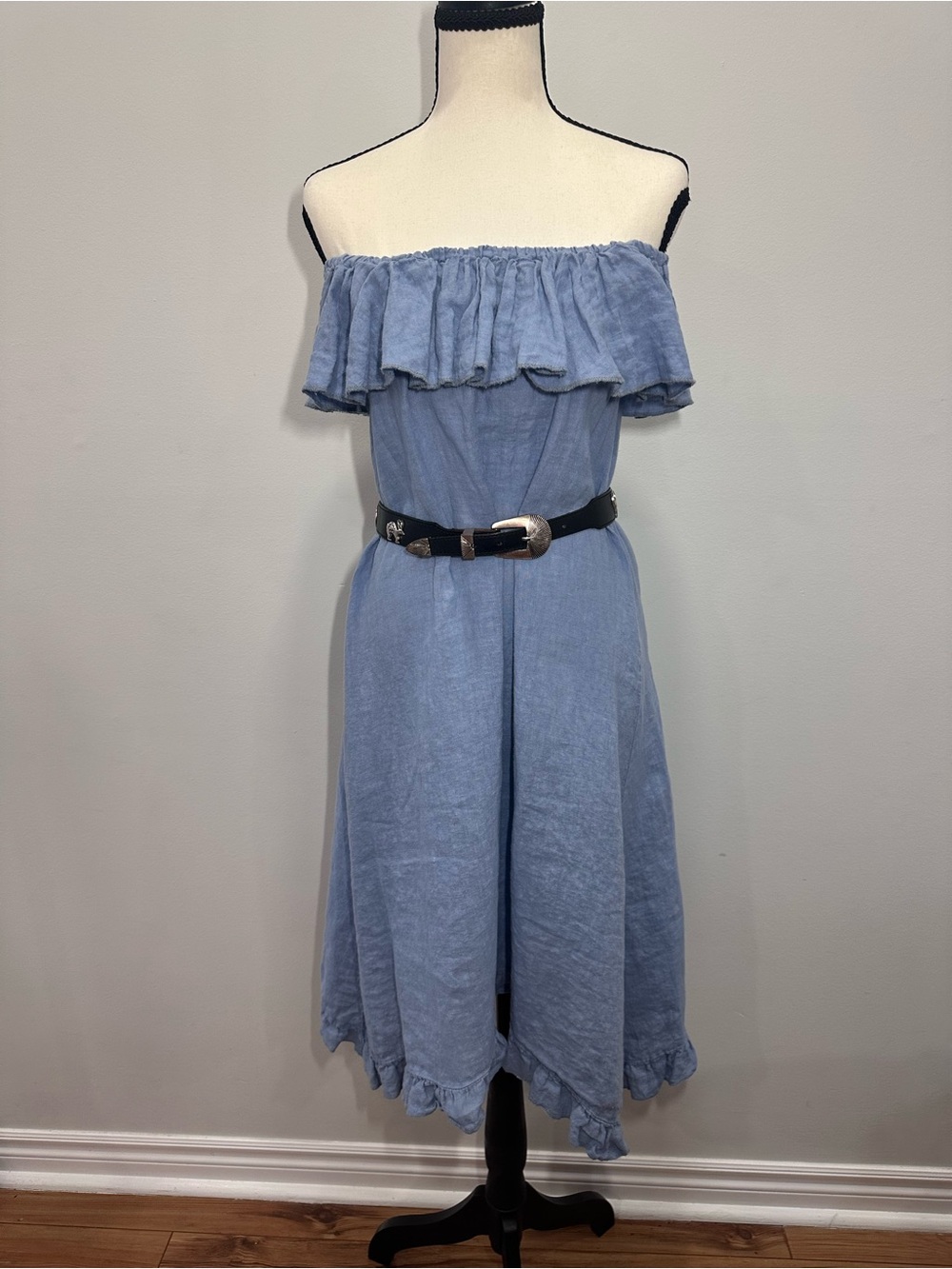 MARINA GIGLI Made in Italy LINEN Off-the-Shoulder Light Blue Midi Dress Size Sm